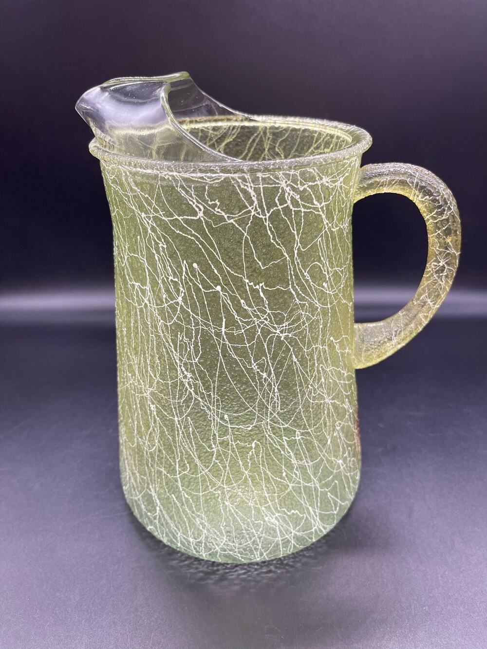 Vintage MCM Green Spaghetti String Glass Pitcher 9" *See Photos